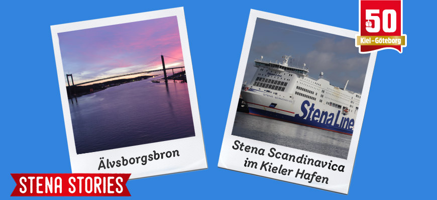 Stena Stories: Älvsborgsbron im Sonnenuntergang und Stena Scandinavica im Kieler Hafen
